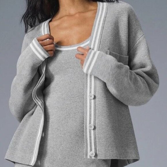 Alo Yoga Tennis Club Sweater Knit Cardigan Button-Up Heather Gray White Sz S NEW - Picture 1 of 11